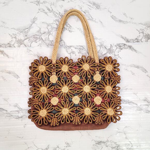 Woven Raffia Daisy Flower Tote Bag Natural Straw Boho 12x9 Medium Shoulder Bag - Picture 2 of 6